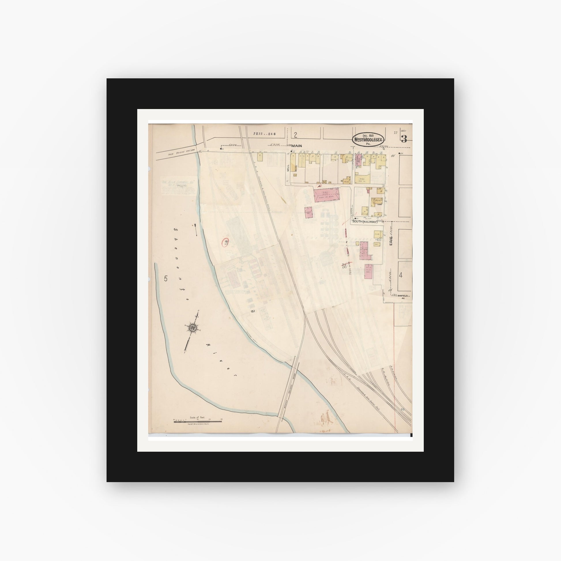 Old map wall art mockup — black gallery frame with white mat — Sanborn Fire Insurance Map from West Middlesex, Mercer County, Pennsylvania (1937), Sheet #0003