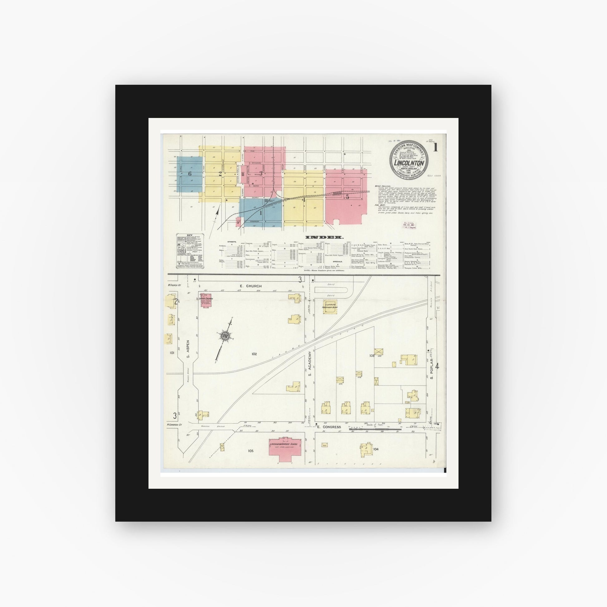 Old map wall art mockup — black gallery frame with white mat — Sanborn Fire Insurance Map from Lincolnton, Lincoln County, North Carolina (1911), Sheet #0001