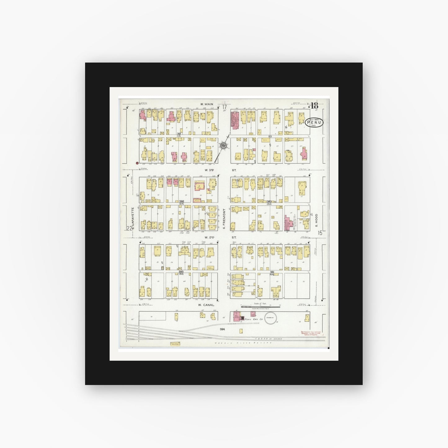 Old map wall art mockup — black gallery frame with white mat — Sanborn Fire Insurance Map from Peru, Miami County, Indiana (1920), Sheet #0018