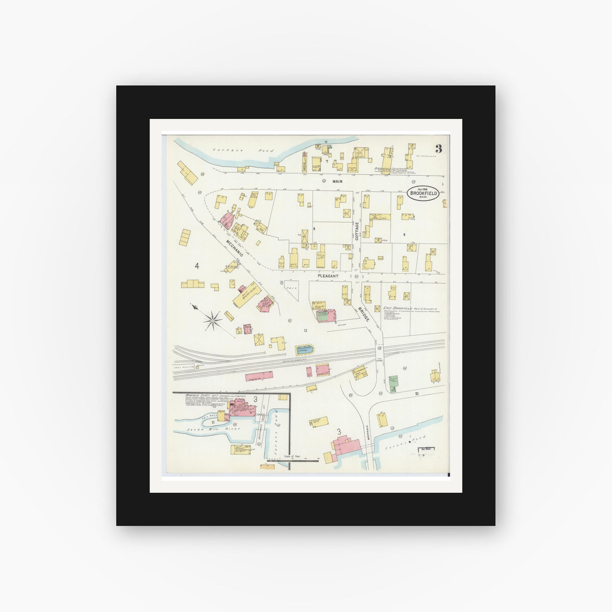 Old map wall art mockup — black gallery frame with white mat — Sanborn Fire Insurance Map from Brookfield, Worcester County, Massachusetts (1898), Sheet #0003