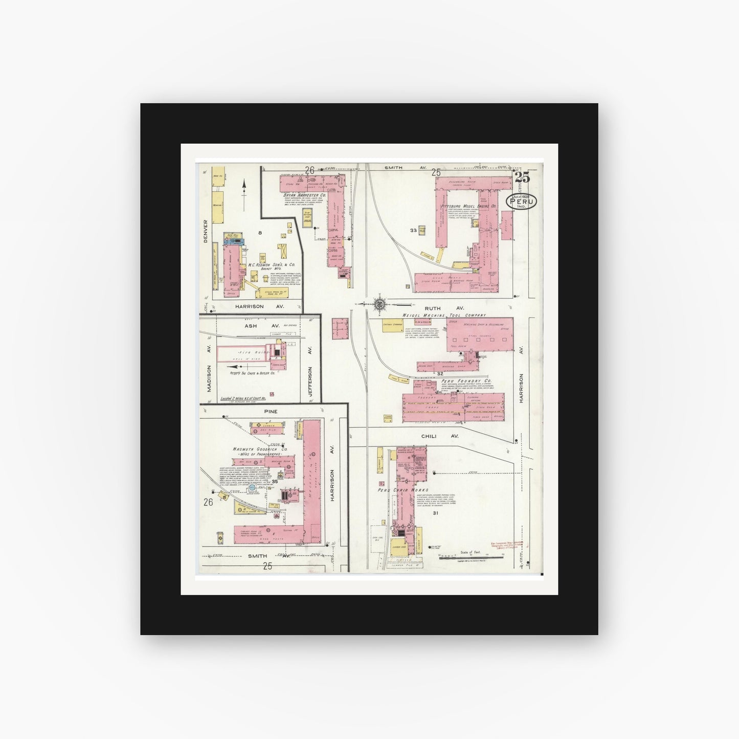 Old map wall art mockup — black gallery frame with white mat — Sanborn Fire Insurance Map from Peru, Miami County, Indiana (1920), Sheet #0025