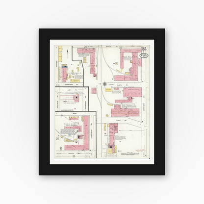 Old map wall art mockup — black gallery frame with white mat — Sanborn Fire Insurance Map from Peru, Miami County, Indiana (1920), Sheet #0025