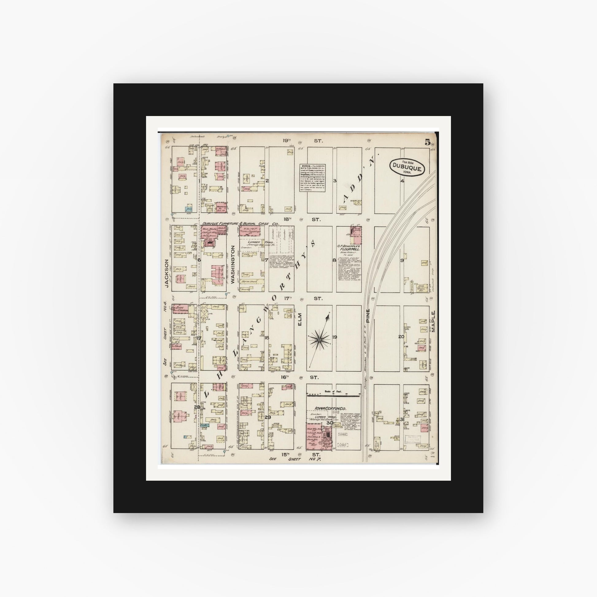 Old map wall art mockup — black gallery frame with white mat — Sanborn Fire Insurance Map from Dubuque, Dubuque County, Iowa (1884), Sheet #0005