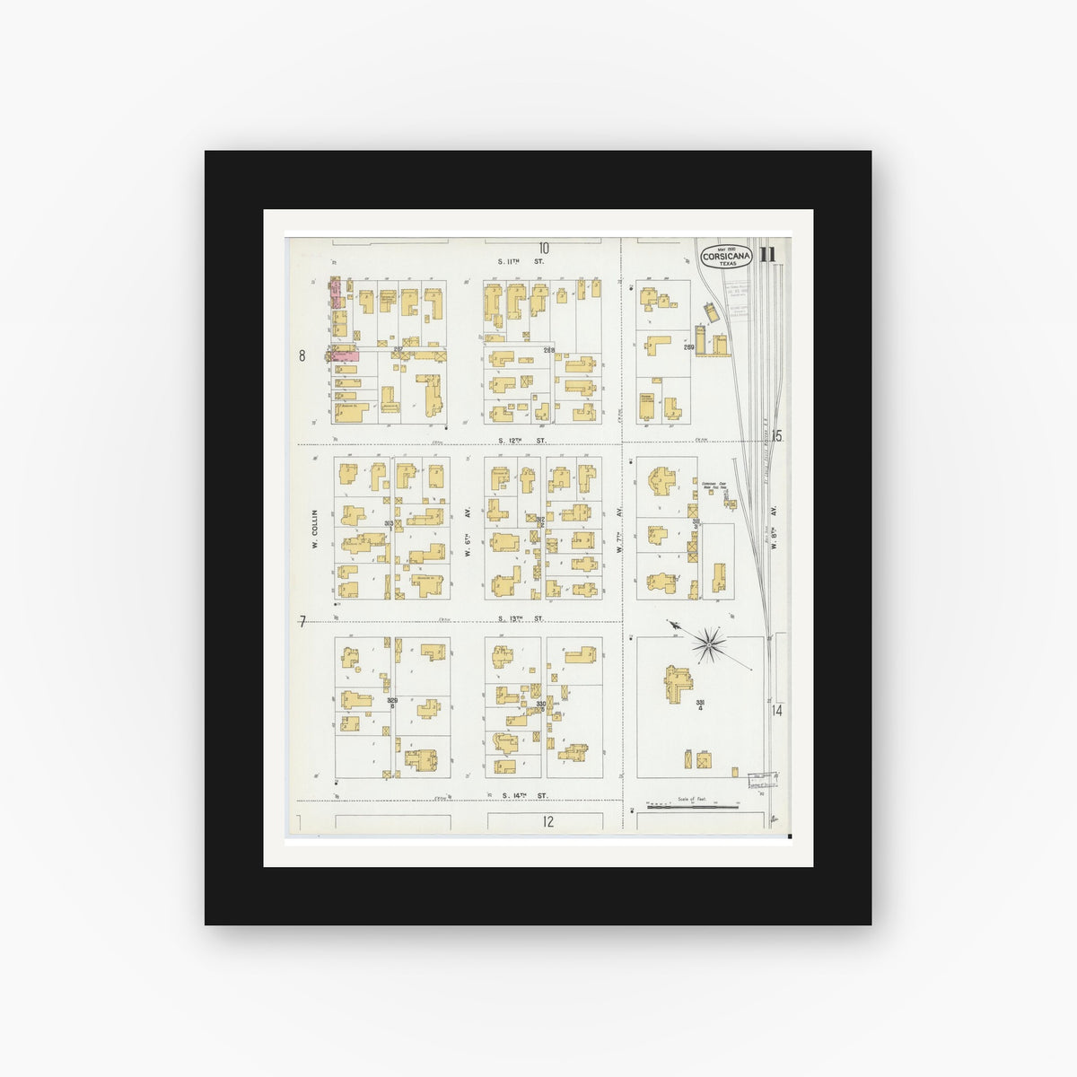 Old map wall art mockup — black gallery frame with white mat — Sanborn Fire Insurance Map from Corsicana, Navarro County, Texas (1900), Sheet #0011