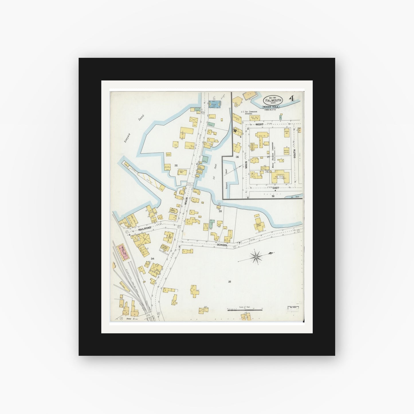 Old map wall art mockup — black gallery frame with white mat — Sanborn Fire Insurance Map from Falmouth, Barnstable County, Massachusetts (1901), Sheet #0004