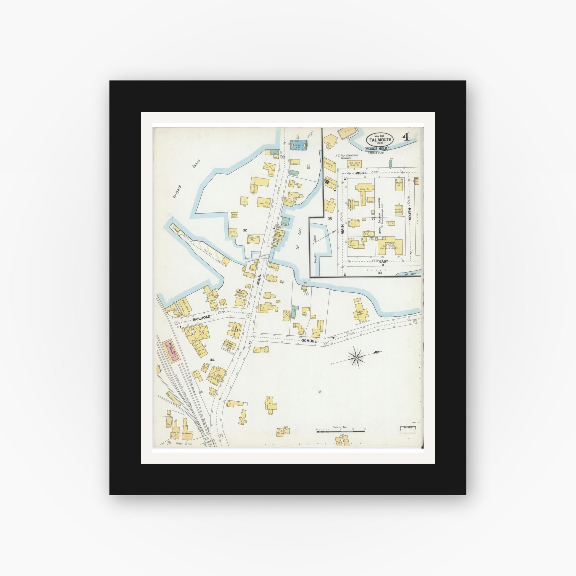 Old map wall art mockup — black gallery frame with white mat — Sanborn Fire Insurance Map from Falmouth, Barnstable County, Massachusetts (1901), Sheet #0004