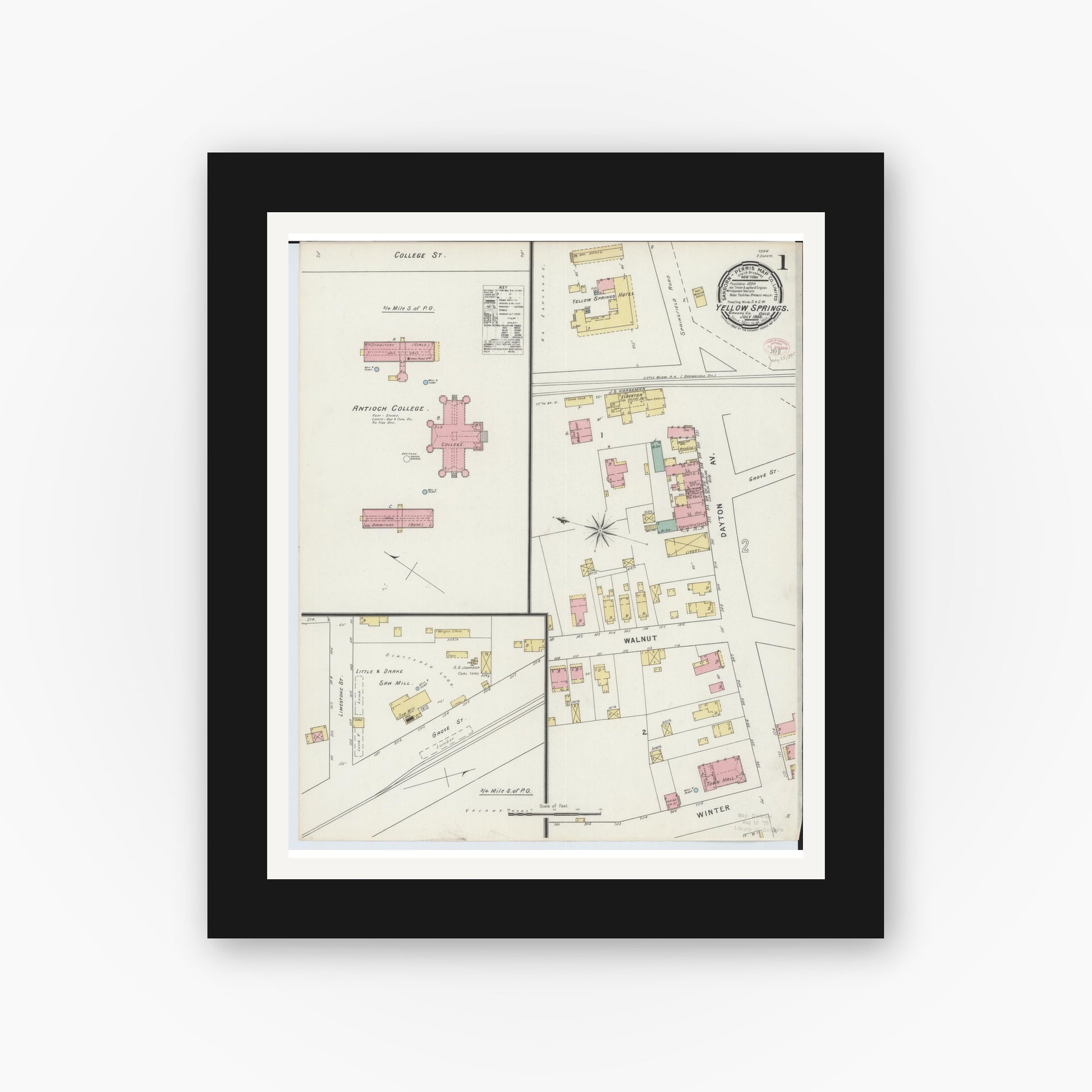 Old map wall art mockup — black gallery frame with white mat — Sanborn Fire Insurance Map from Yellow Springs, Greene County, Ohio (1895) - Complete Map Set