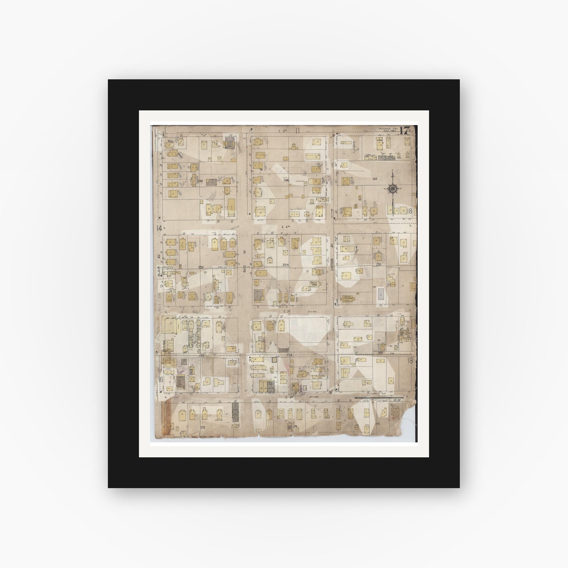 Old map wall art mockup — black gallery frame with white mat — Sanborn Fire Insurance Map from Calexico, Imperial County, California (1956), Sheet #0017