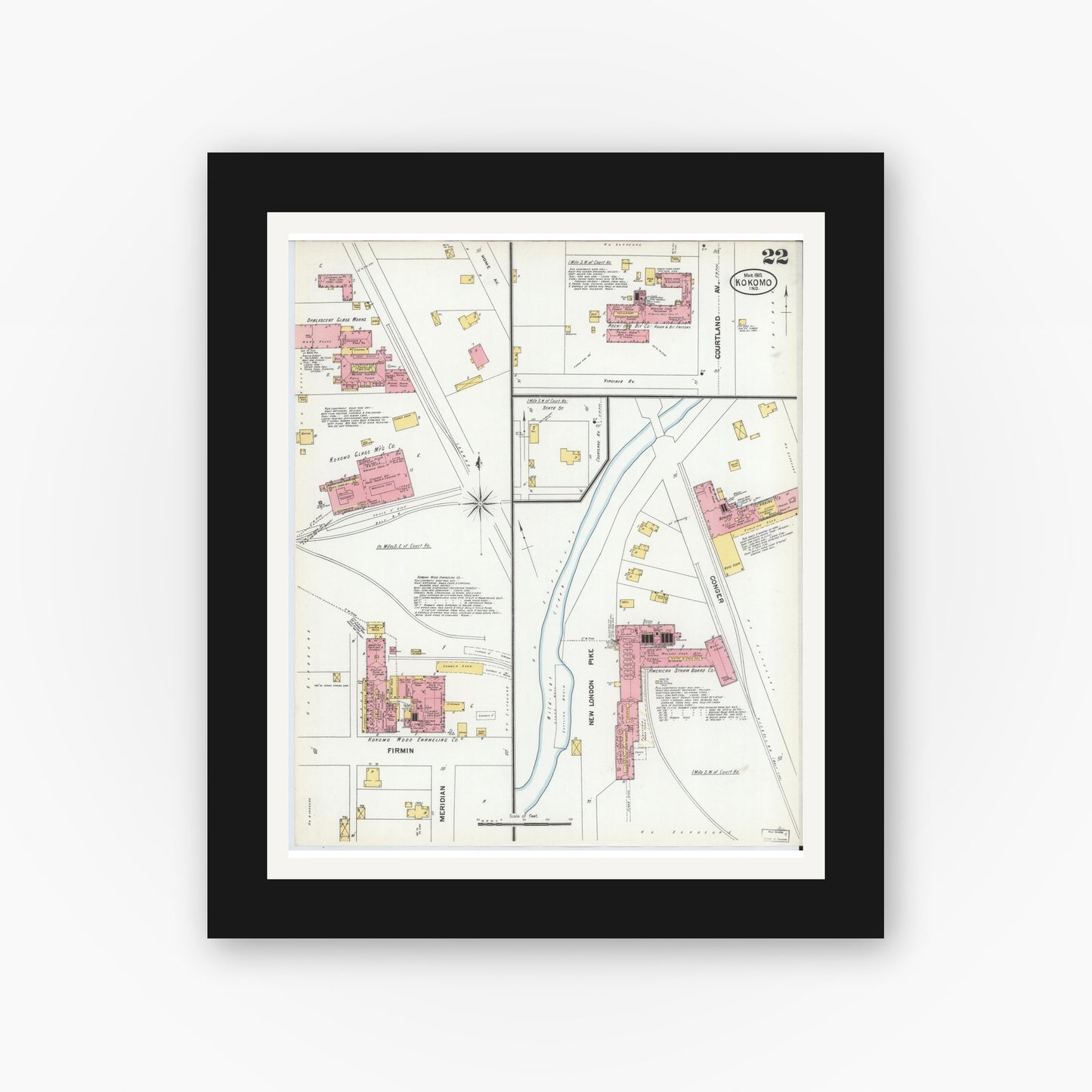 Old map wall art mockup — black gallery frame with white mat — Sanborn Fire Insurance Map from Kokomo, Howard County, Indiana (1902), Sheet #0022