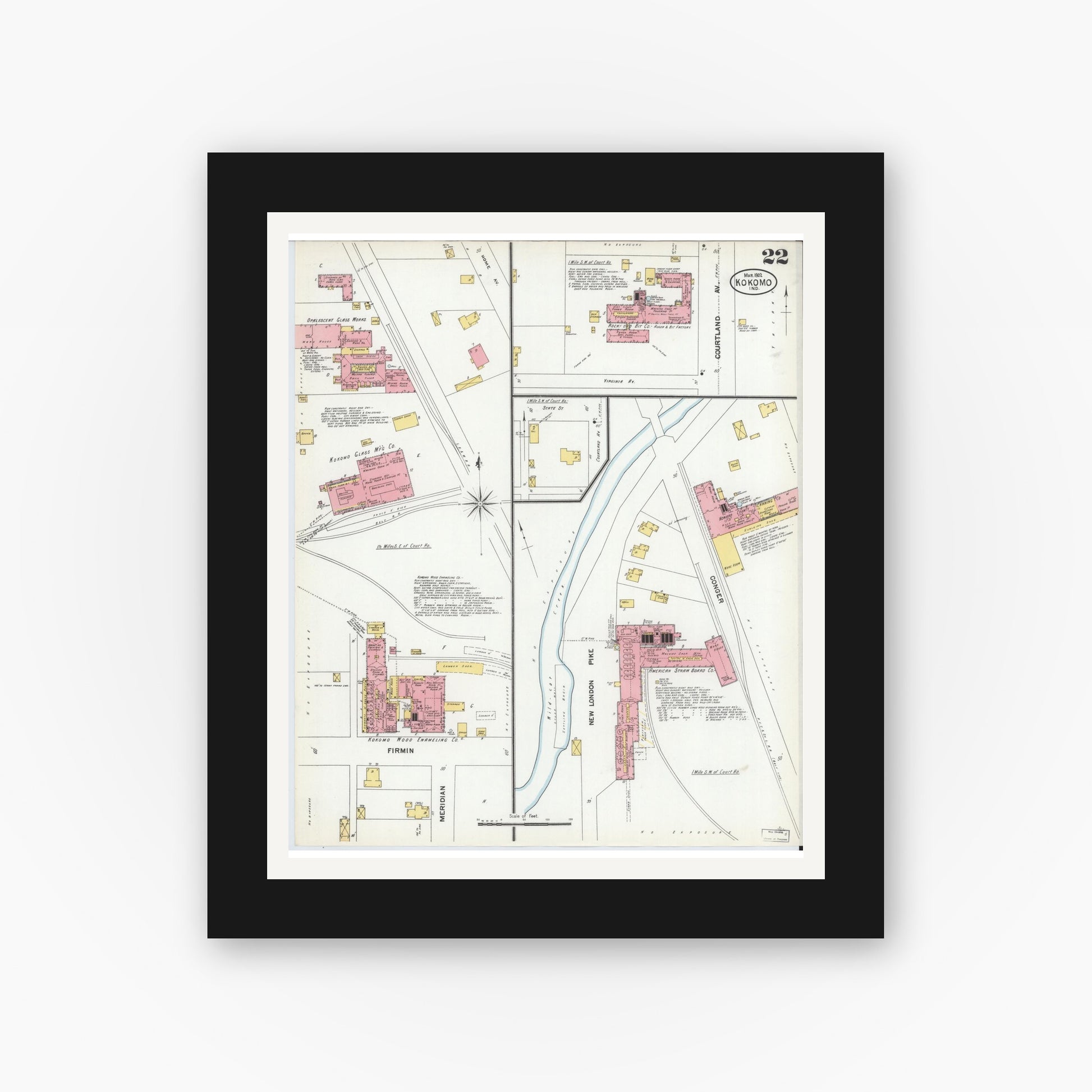 Old map wall art mockup — black gallery frame with white mat — Sanborn Fire Insurance Map from Kokomo, Howard County, Indiana (1902), Sheet #0022