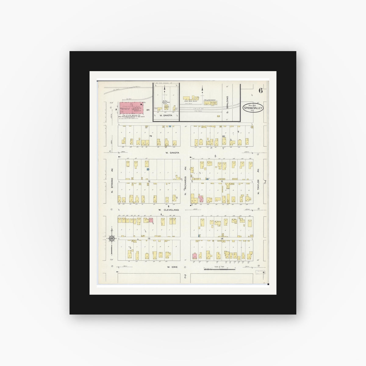 Old map wall art mockup — black gallery frame with white mat — Sanborn Fire Insurance Map from Spring Valley, Bureau County, Illinois (1913), Sheet #0006