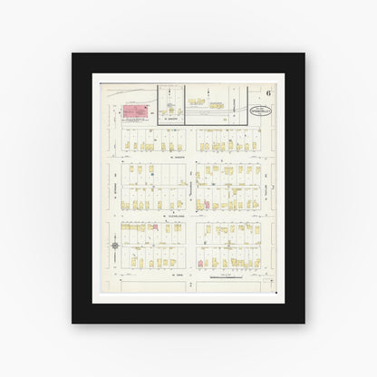 Old map wall art mockup — black gallery frame with white mat — Sanborn Fire Insurance Map from Spring Valley, Bureau County, Illinois (1913), Sheet #0006