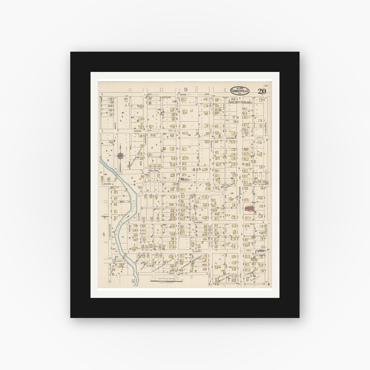 Old map wall art mockup — black gallery frame with white mat — Sanborn Fire Insurance Map from Gainesville, Cooke County, Texas (1922), Sheet #0020