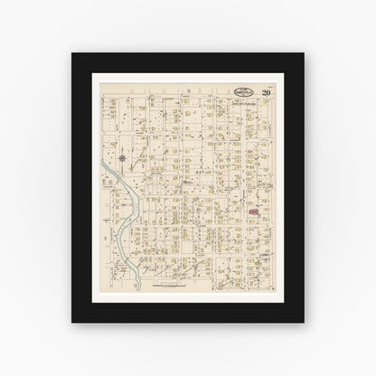 Old map wall art mockup — black gallery frame with white mat — Sanborn Fire Insurance Map from Gainesville, Cooke County, Texas (1922), Sheet #0020