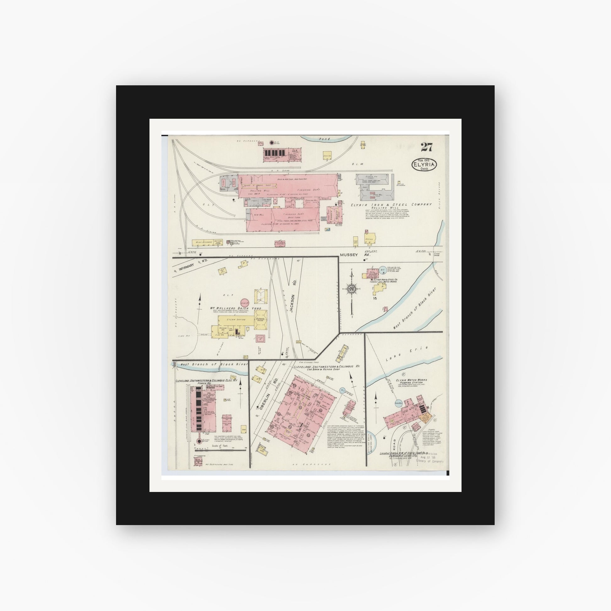 Old map wall art mockup — black gallery frame with white mat — Sanborn Fire Insurance Map from Elyria, Lorain County, Ohio (1915), Sheet #0027