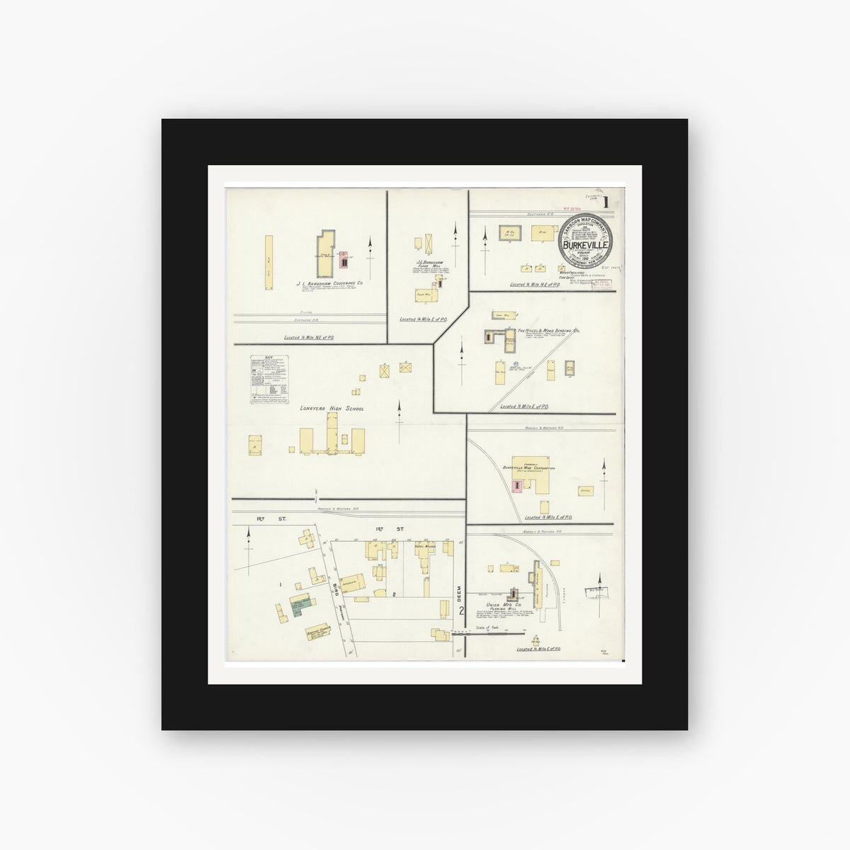 Old map wall art mockup — black gallery frame with white mat — Sanborn Fire Insurance Map from Burkeville, Nottoway County, Virginia (1910) - Complete Map Set