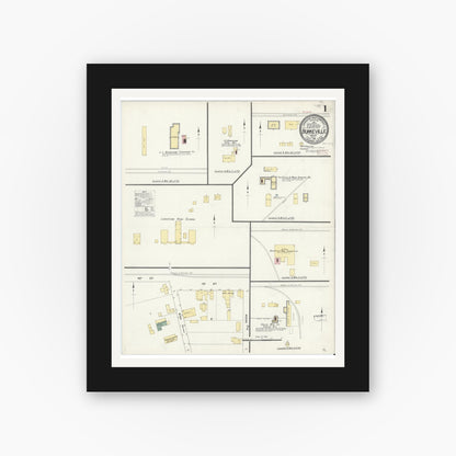Old map wall art mockup — black gallery frame with white mat — Sanborn Fire Insurance Map from Burkeville, Nottoway County, Virginia (1910) - Complete Map Set