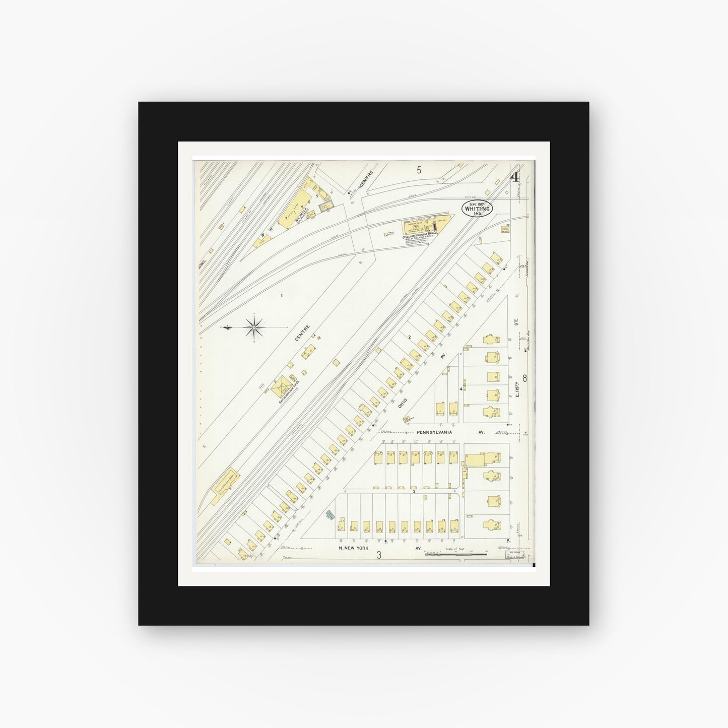 Old map wall art mockup — black gallery frame with white mat — Sanborn Fire Insurance Map from Whiting, Lake County, Indiana (1907), Sheet #0004