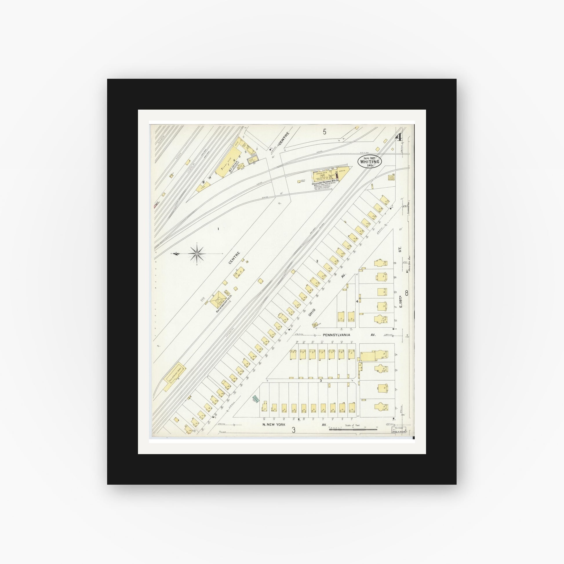 Old map wall art mockup — black gallery frame with white mat — Sanborn Fire Insurance Map from Whiting, Lake County, Indiana (1907), Sheet #0004
