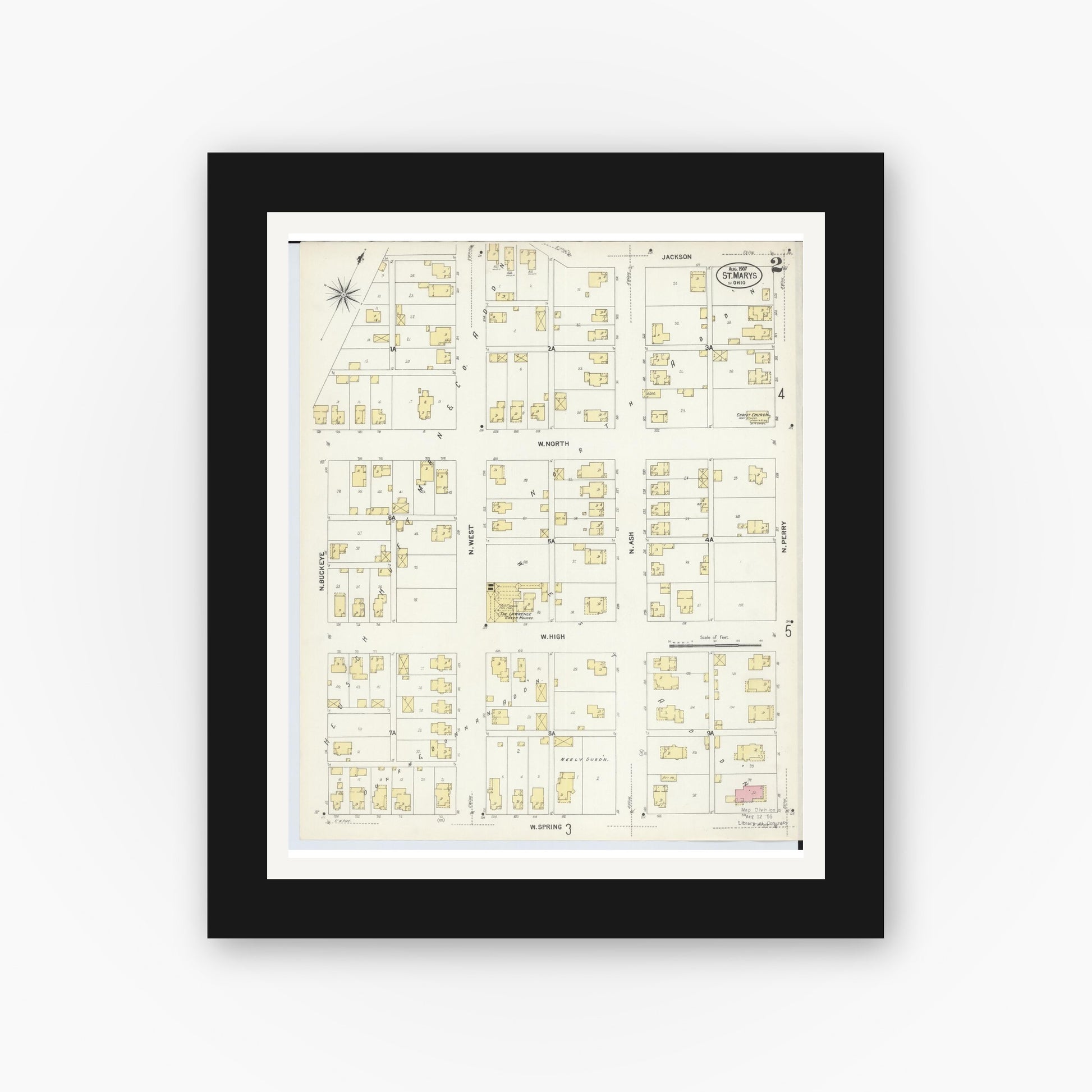 Old map wall art mockup — black gallery frame with white mat — Sanborn Fire Insurance Map from Saint Marys, Auglaize County, Ohio (1907), Sheet #0002