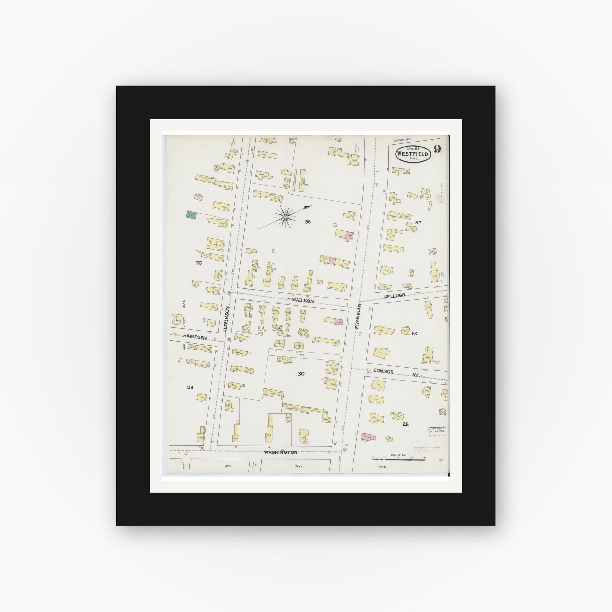 Old map wall art mockup — black gallery frame with white mat — Sanborn Fire Insurance Map from Westfield, Hampden County, Massachusetts (1889), Sheet #0009