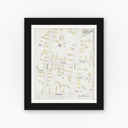 Old map wall art mockup — black gallery frame with white mat — Sanborn Fire Insurance Map from Westfield, Hampden County, Massachusetts (1889), Sheet #0009