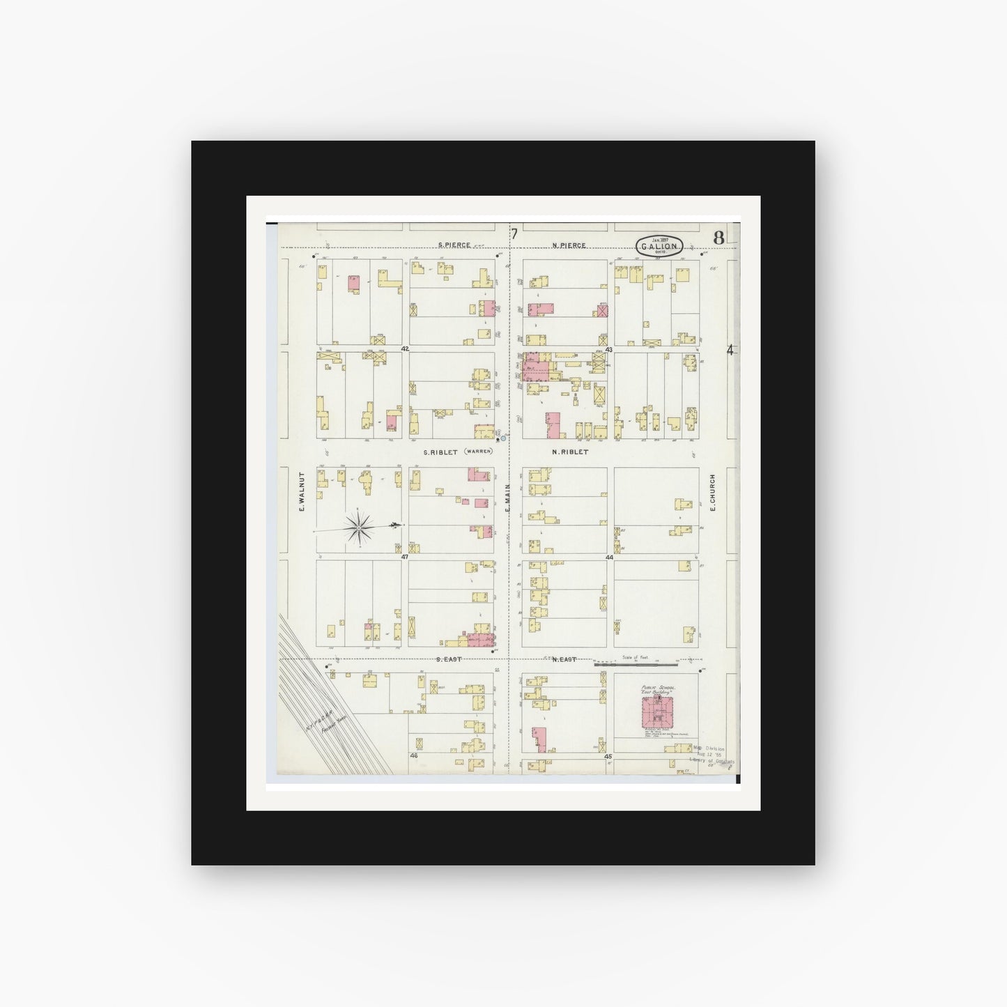 Old map wall art mockup — black gallery frame with white mat — Sanborn Fire Insurance Map from Galion, Crawford County, Ohio (1897), Sheet #0008