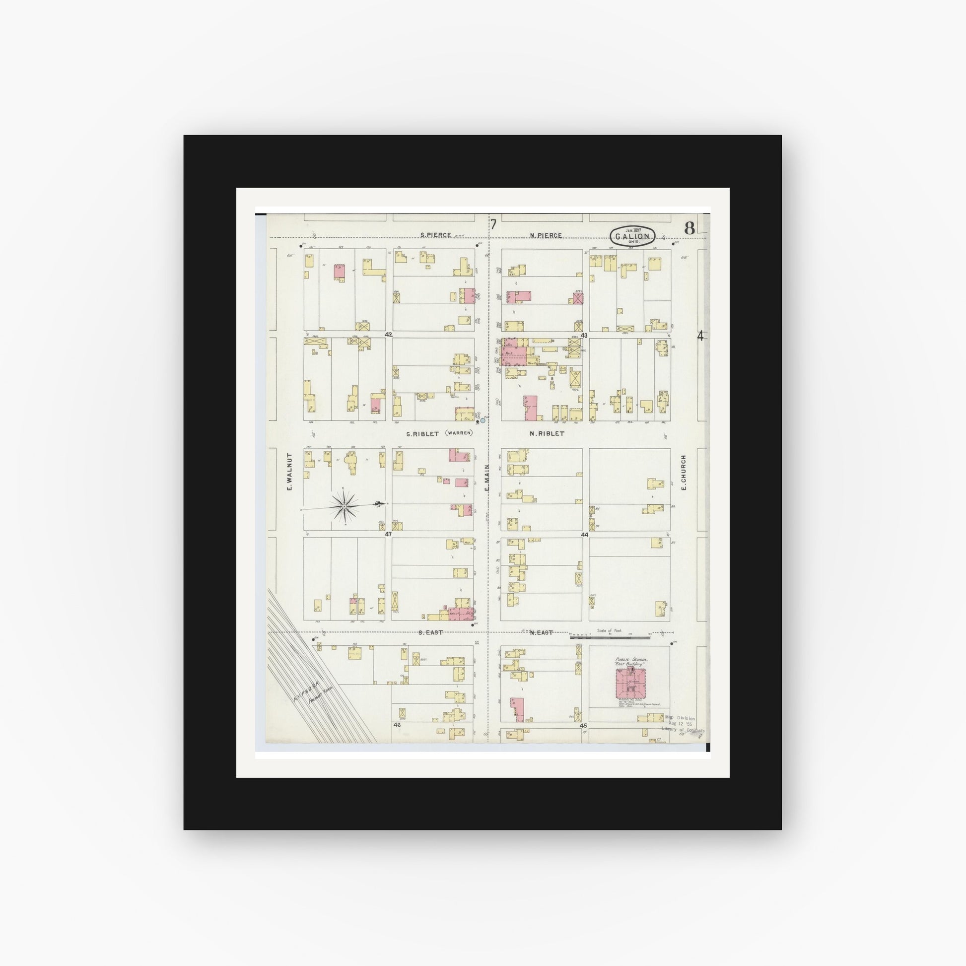Old map wall art mockup — black gallery frame with white mat — Sanborn Fire Insurance Map from Galion, Crawford County, Ohio (1897), Sheet #0008