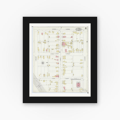 Old map wall art mockup — black gallery frame with white mat — Sanborn Fire Insurance Map from Galion, Crawford County, Ohio (1897), Sheet #0008