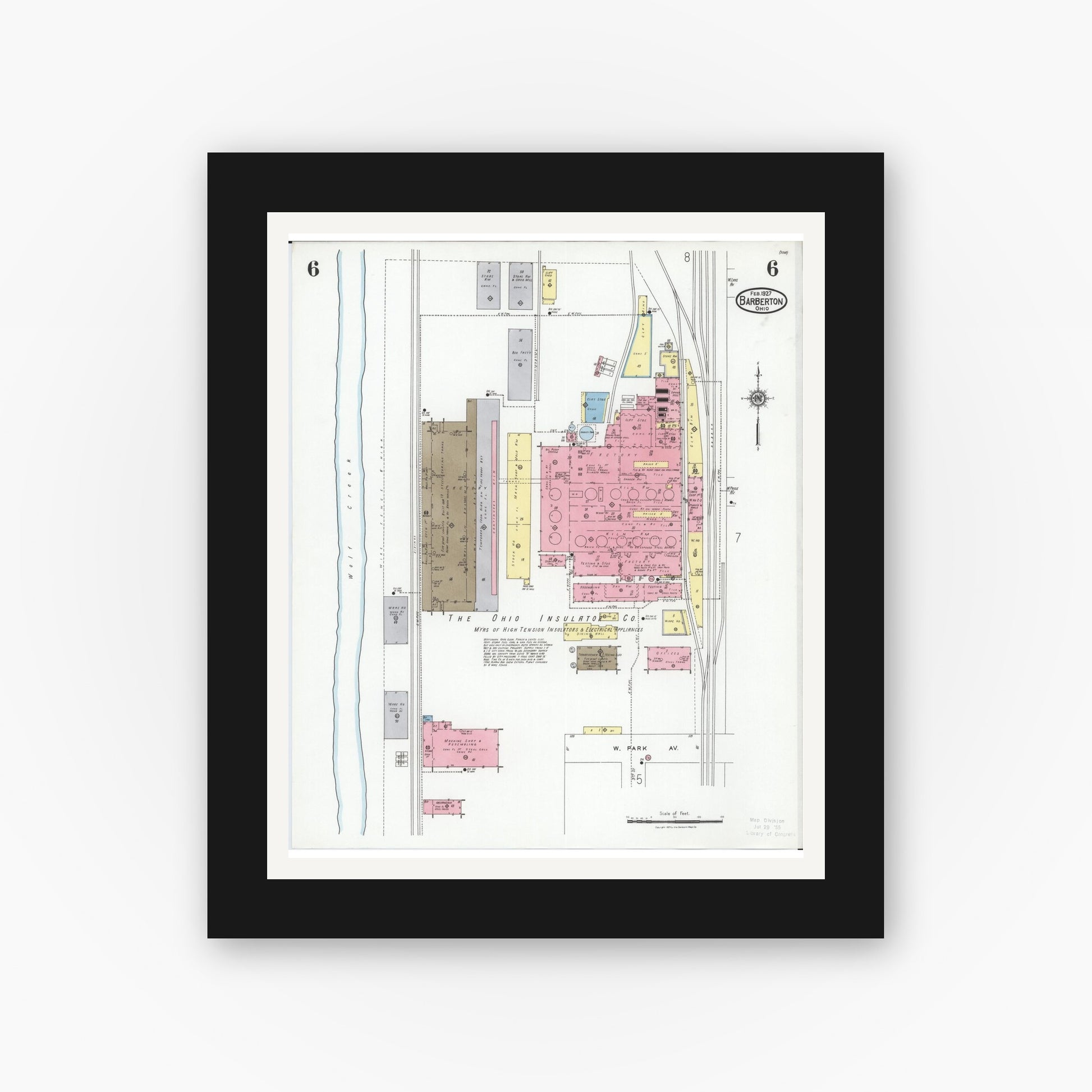 Old map wall art mockup — black gallery frame with white mat — Sanborn Fire Insurance Map from Barberton, Summit County, Ohio (1927), Sheet #0006