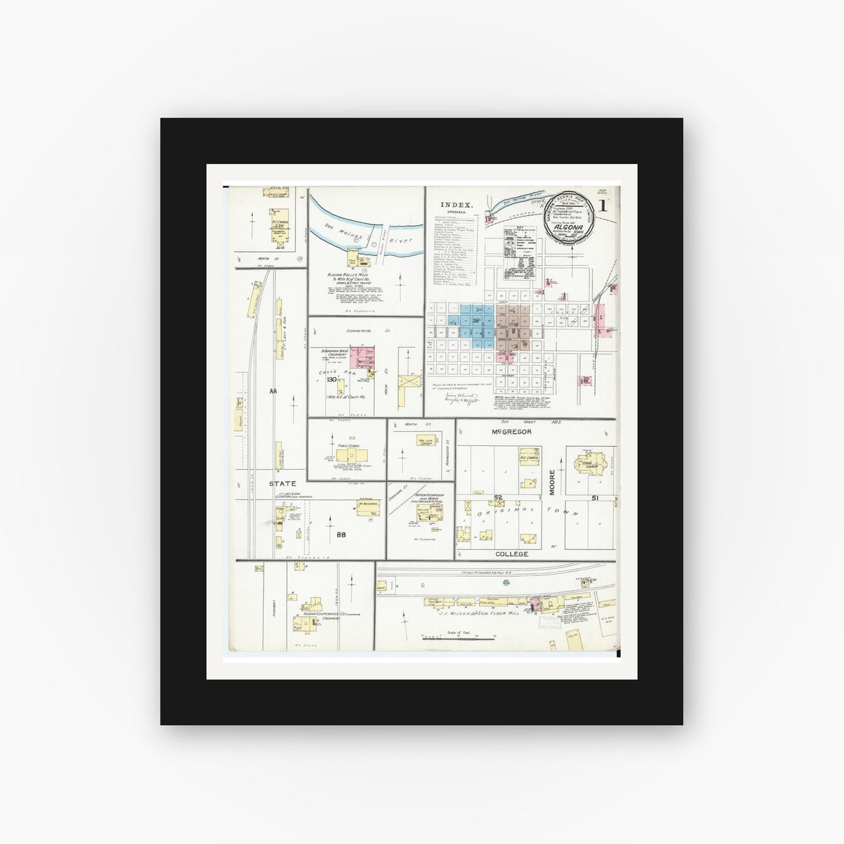 Old map wall art mockup — black gallery frame with white mat — Sanborn Fire Insurance Map from Algona, Kossuth County, Iowa (1892), Sheet #0001
