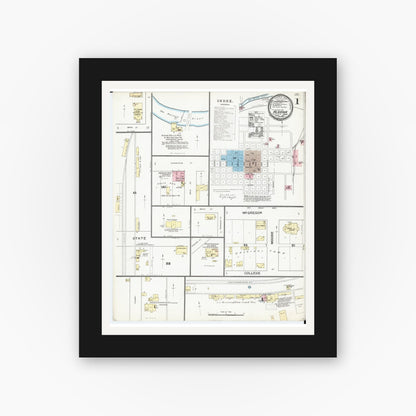 Old map wall art mockup — black gallery frame with white mat — Sanborn Fire Insurance Map from Algona, Kossuth County, Iowa (1892), Sheet #0001