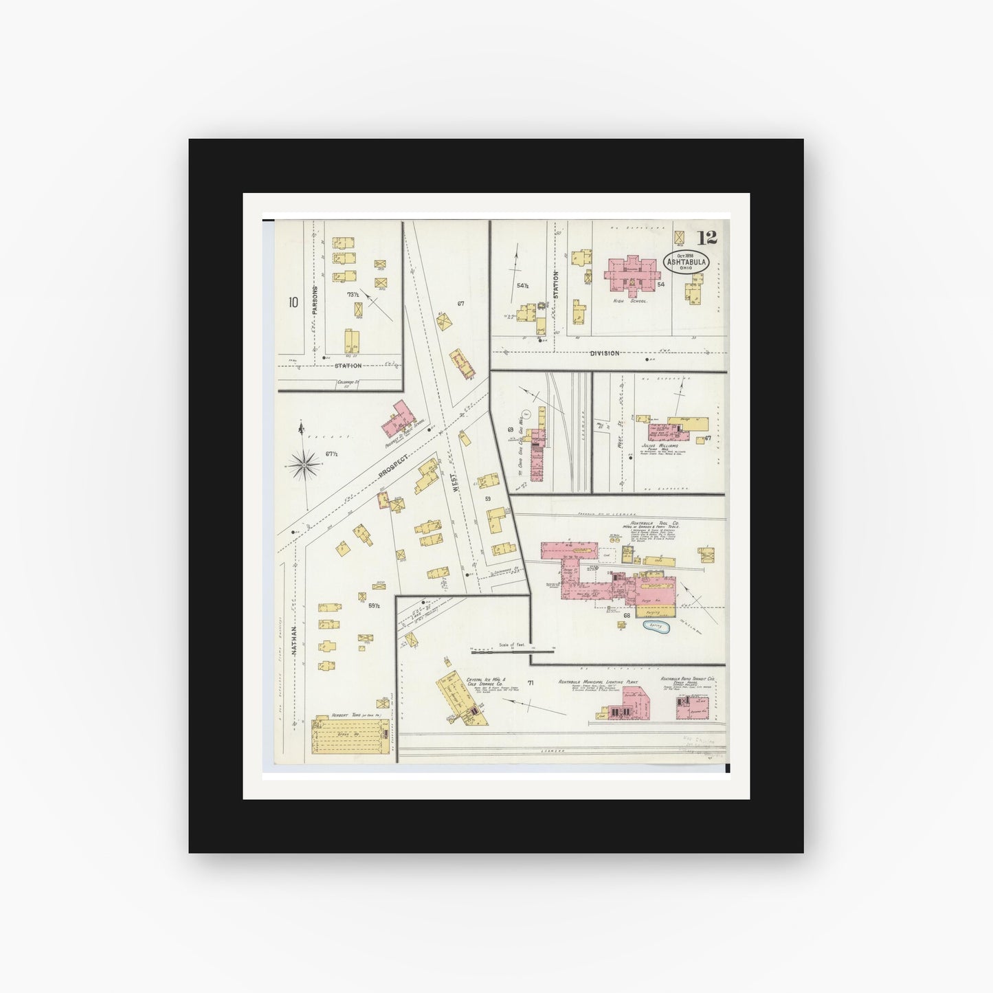 Old map wall art mockup — black gallery frame with white mat — Sanborn Fire Insurance Map from Ashtabula, Ashtabula County, Ohio (1898), Sheet #0012