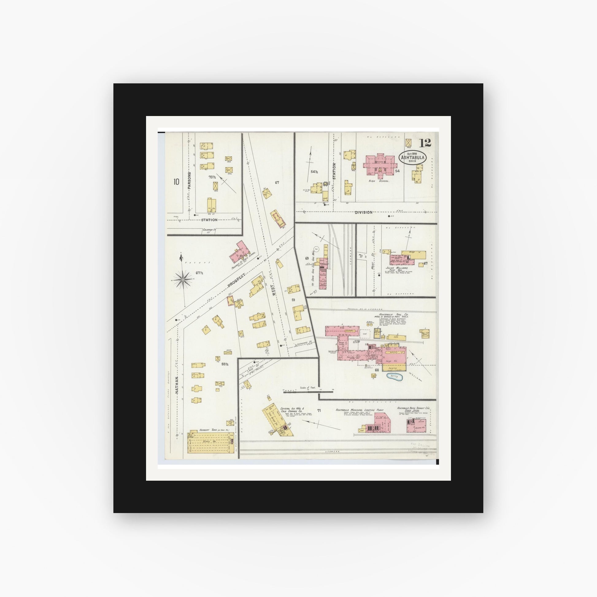Old map wall art mockup — black gallery frame with white mat — Sanborn Fire Insurance Map from Ashtabula, Ashtabula County, Ohio (1898), Sheet #0012