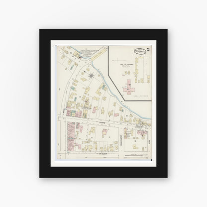 Old map wall art mockup — black gallery frame with white mat — Sanborn Fire Insurance Map from Painesville, Lake County, Ohio (1889), Sheet #0002