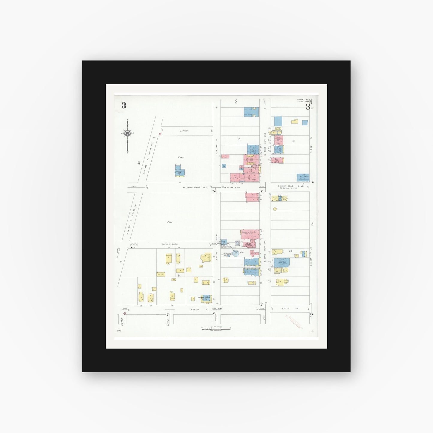 Old map wall art mockup — black gallery frame with white mat — Sanborn Fire Insurance Map from Dania, Broward County, Florida (1934), Sheet #0003
