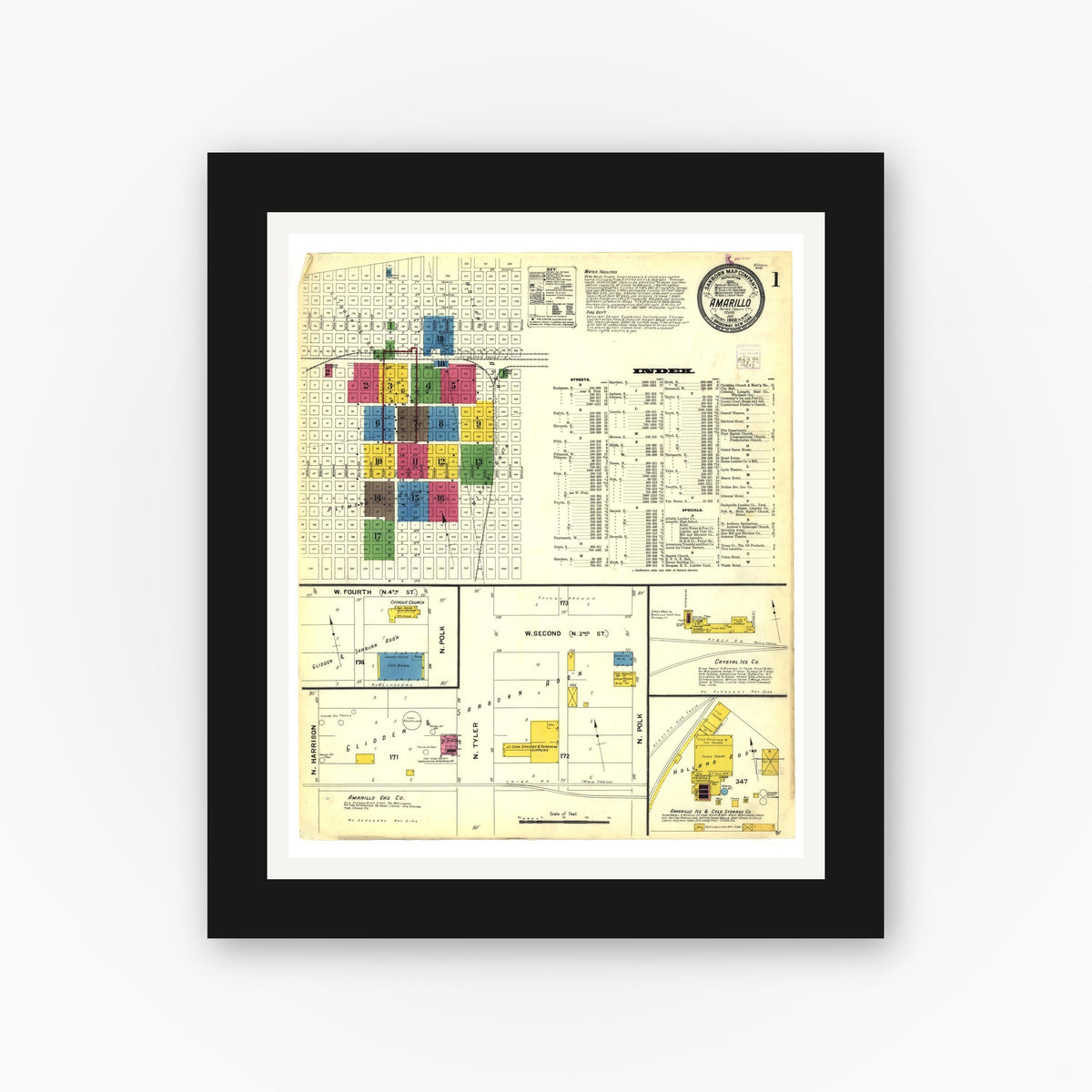 Old map wall art mockup — black gallery frame with white mat — Sanborn Fire Insurance Map from Amarillo, Potter County, Texas (1908), Sheet #0001