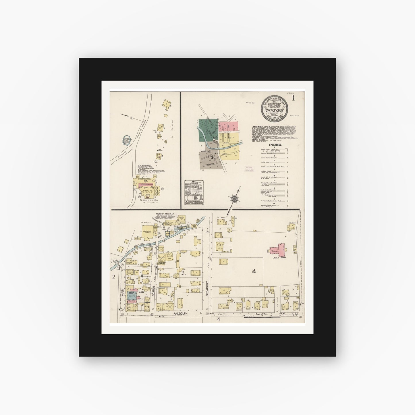 Old map wall art mockup — black gallery frame with white mat — Sanborn Fire Insurance Map from Sutter Creek, Amador County, California (1912) - Complete Map Set