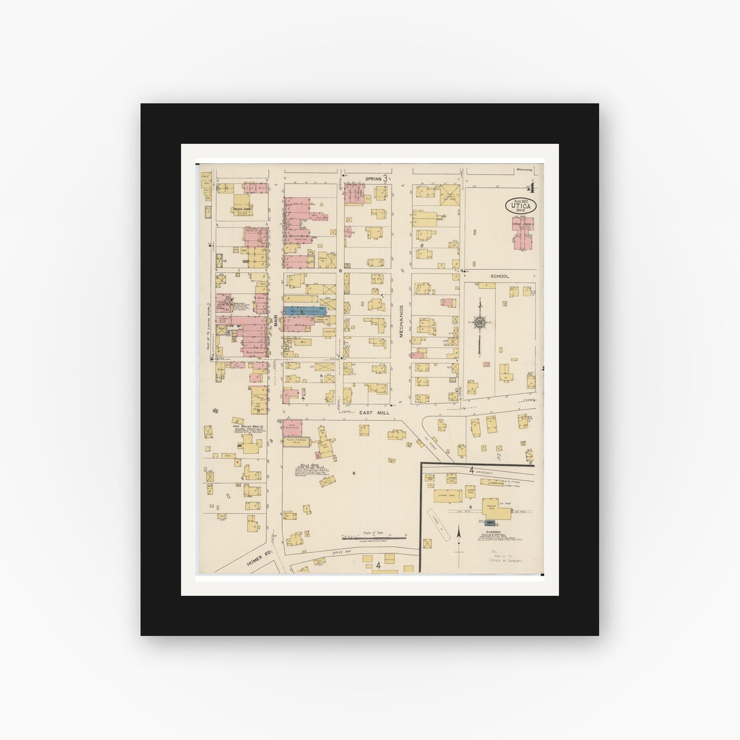 Old map wall art mockup — black gallery frame with white mat — Sanborn Fire Insurance Map from Utica, Licking County, Ohio (1922), Sheet #0004
