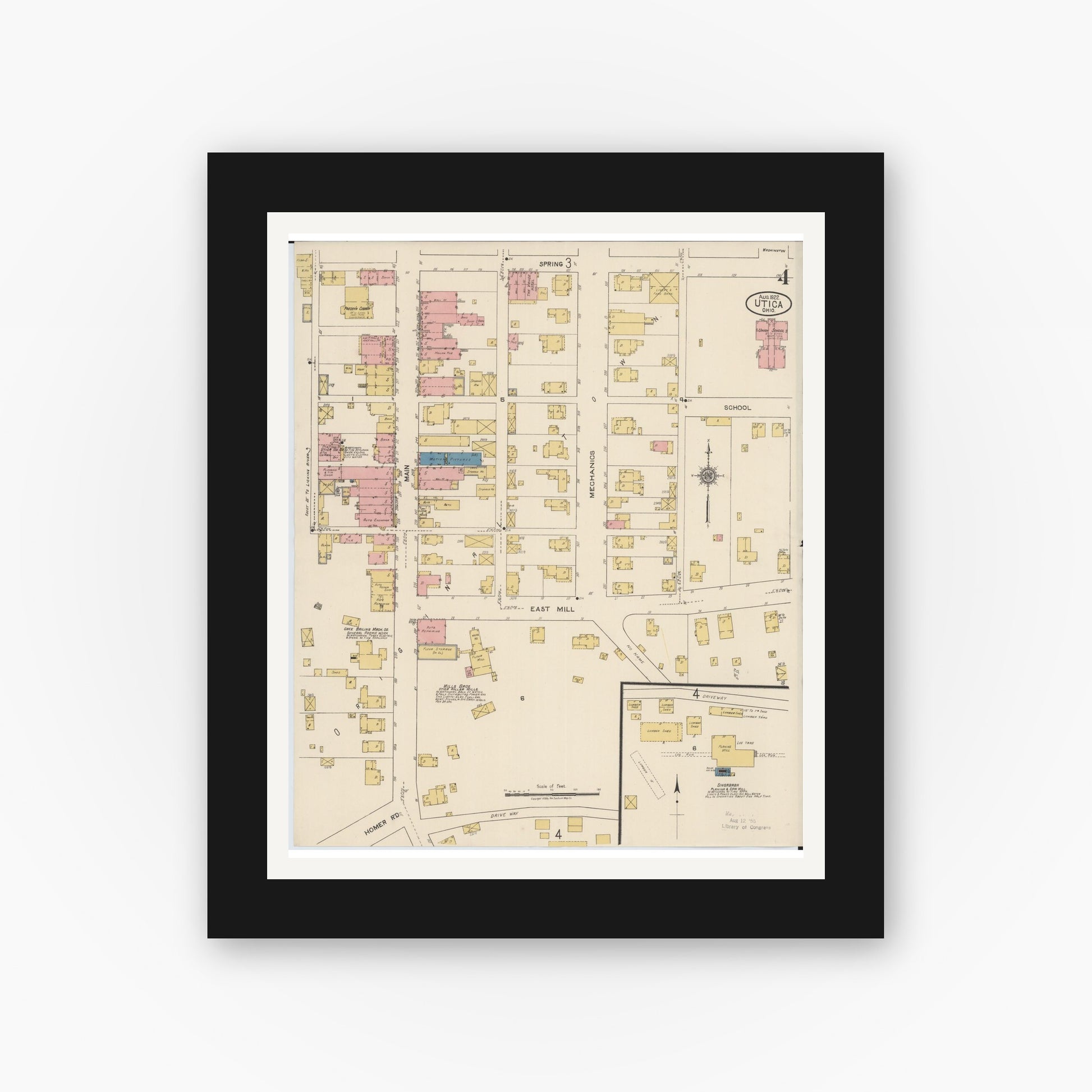 Old map wall art mockup — black gallery frame with white mat — Sanborn Fire Insurance Map from Utica, Licking County, Ohio (1922), Sheet #0004
