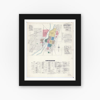 Old map wall art mockup — black gallery frame with white mat — Sanborn Fire Insurance Map from Little Falls, Morrison County, Minnesota (1915) - Complete Map Set