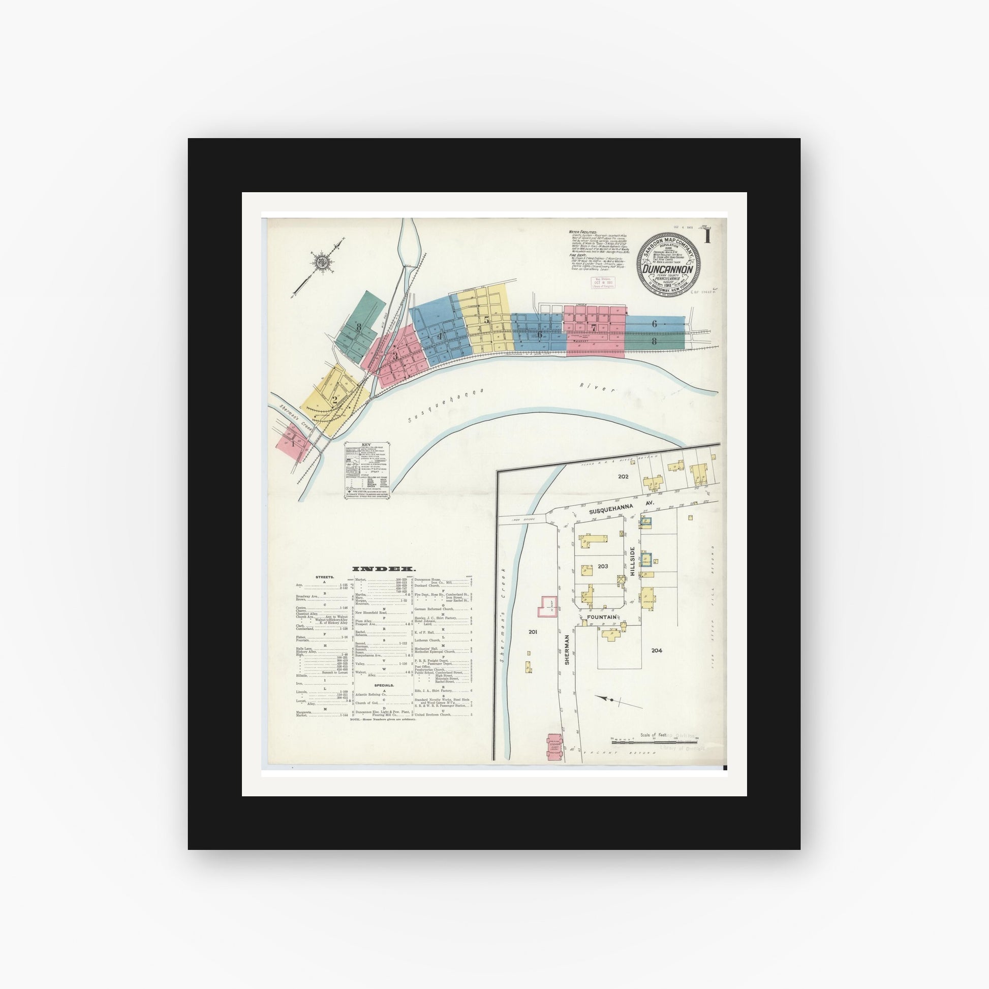 Old map wall art mockup — black gallery frame with white mat — Sanborn Fire Insurance Map from Duncannon, Perry County, Pennsylvania (1911), Sheet #0001