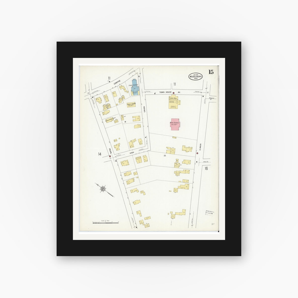 Old map wall art mockup — black gallery frame with white mat — Sanborn Fire Insurance Map from Middleboro, Plymouth County, Massachusetts (1912), Sheet #0015