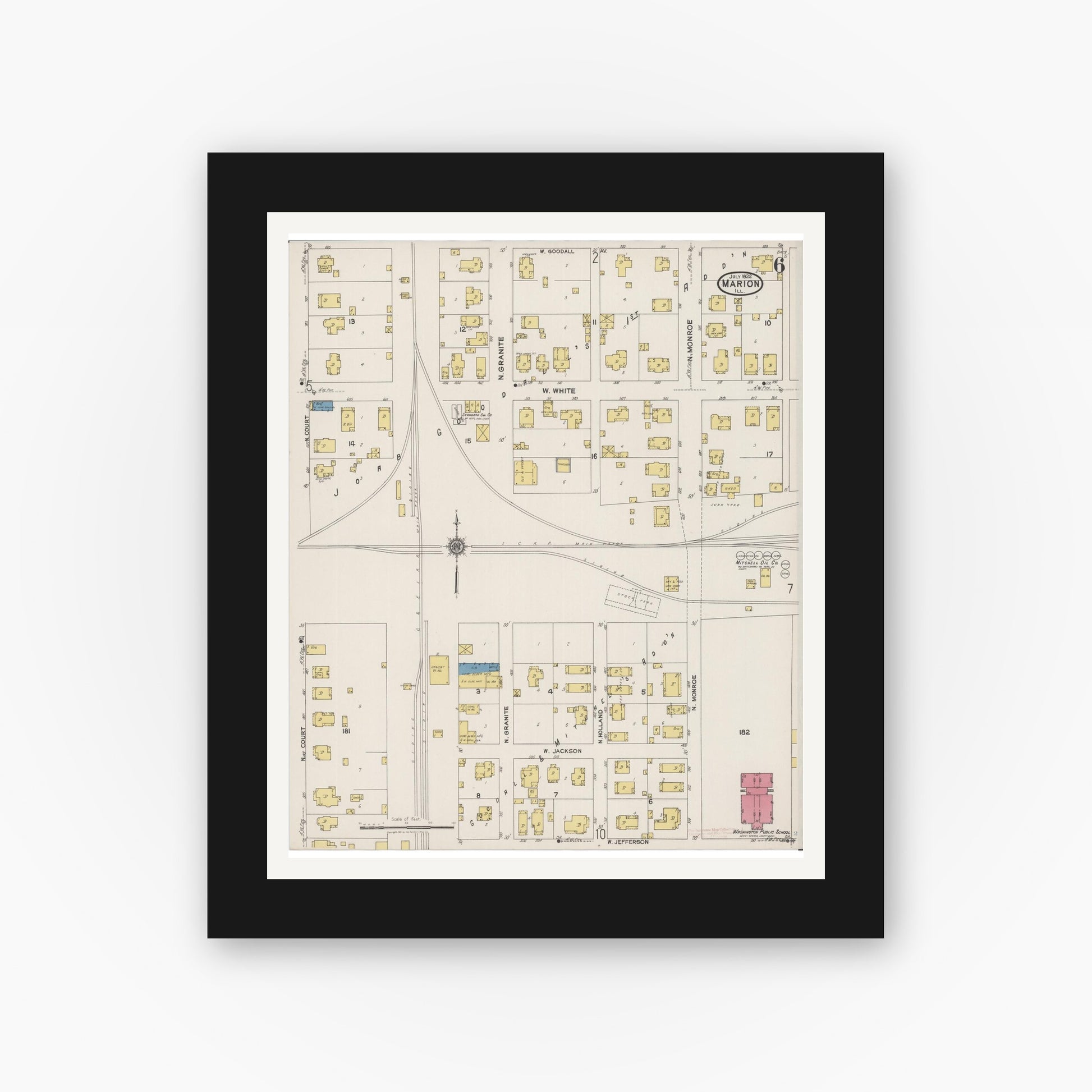 Old map wall art mockup — black gallery frame with white mat — Sanborn Fire Insurance Map from Marion, Williamson County, Illinois (1922), Sheet #0006