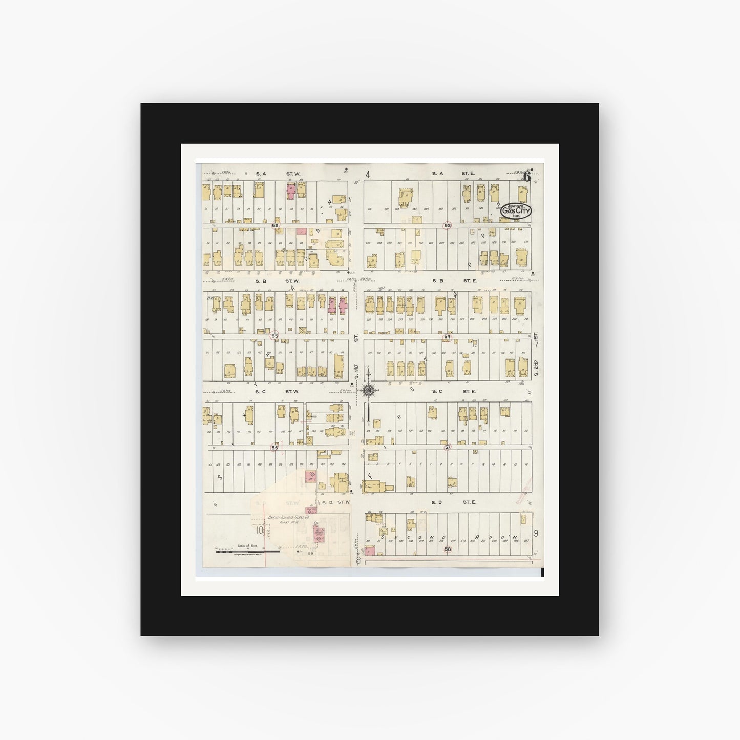 Old map wall art mockup — black gallery frame with white mat — Sanborn Fire Insurance Map from Gas City, Grant County, Indiana (1932), Sheet #0006