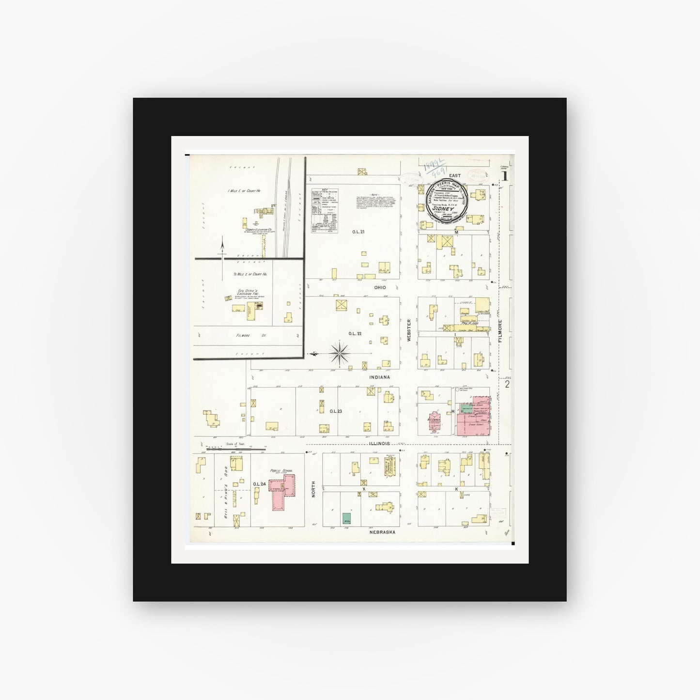 Old map wall art mockup — black gallery frame with white mat — Sanborn Fire Insurance Map from Sidney, Fremont County, Iowa (1899), Sheet #0001