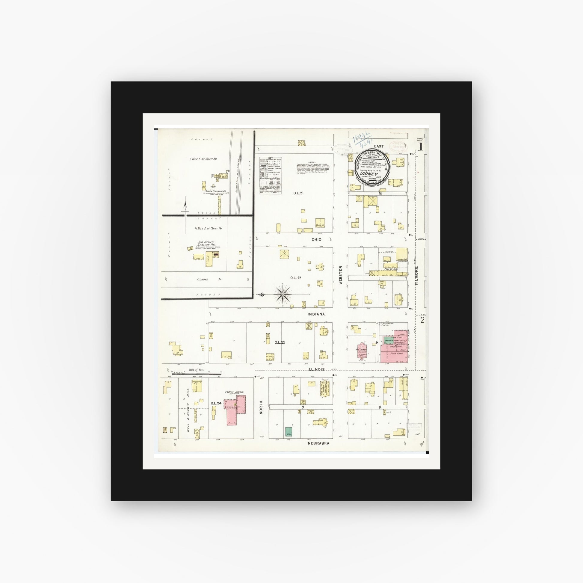 Old map wall art mockup — black gallery frame with white mat — Sanborn Fire Insurance Map from Sidney, Fremont County, Iowa (1899), Sheet #0001