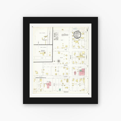 Old map wall art mockup — black gallery frame with white mat — Sanborn Fire Insurance Map from Sidney, Fremont County, Iowa (1899), Sheet #0001