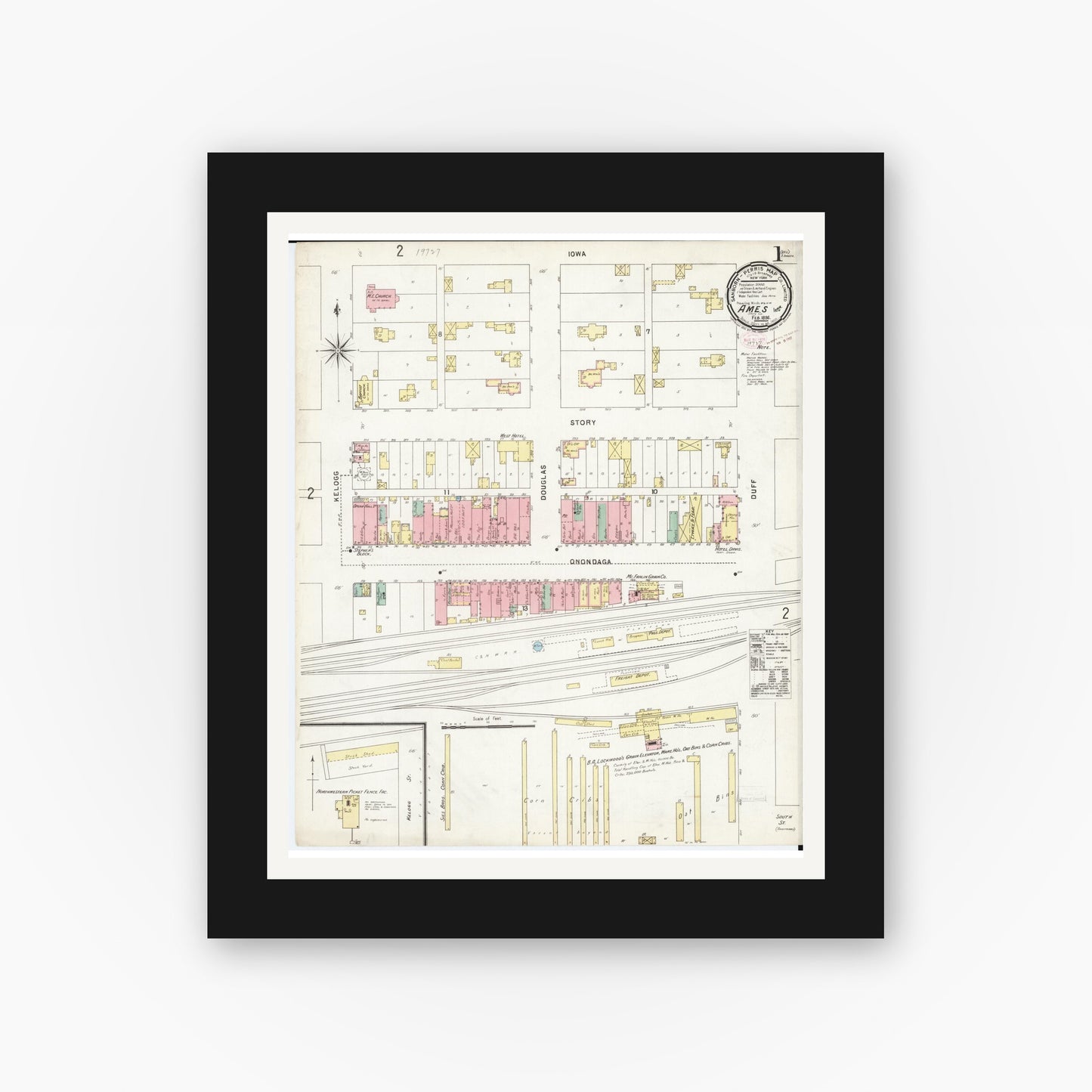 Old map wall art mockup — black gallery frame with white mat — Sanborn Fire Insurance Map from Ames, Story County, Iowa (1896) â€” Complete Set