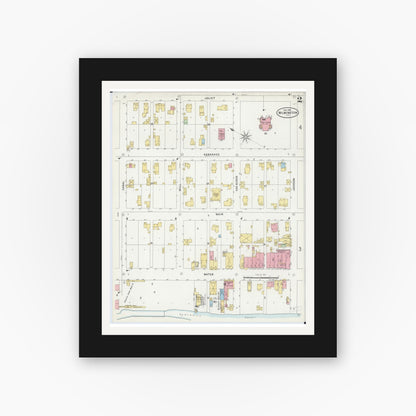 Old map wall art mockup — black gallery frame with white mat — Sanborn Fire Insurance Map from Wilmington, Will County, Illinois (1898), Sheet #0002